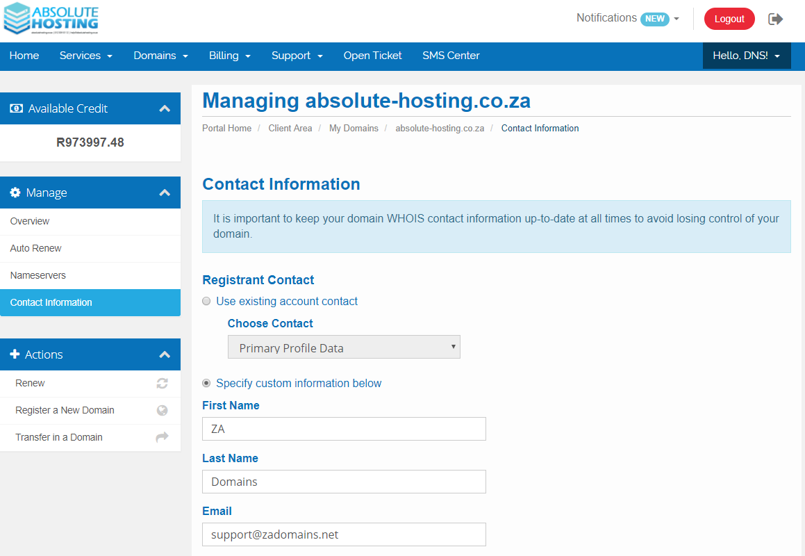 Absolute hosting change whois registrant contact information