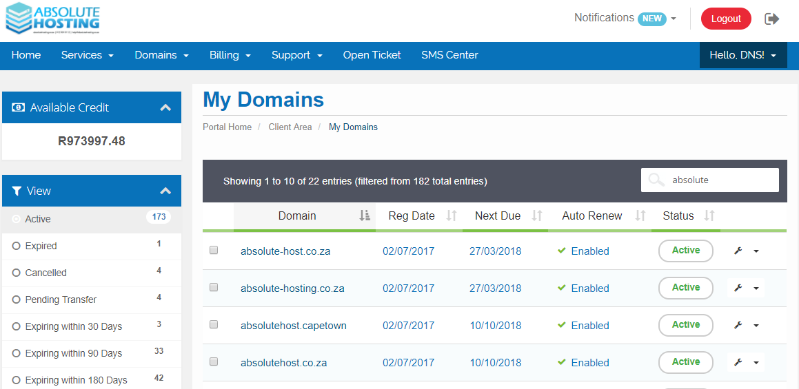 Absolute Hosting My Domain Names
