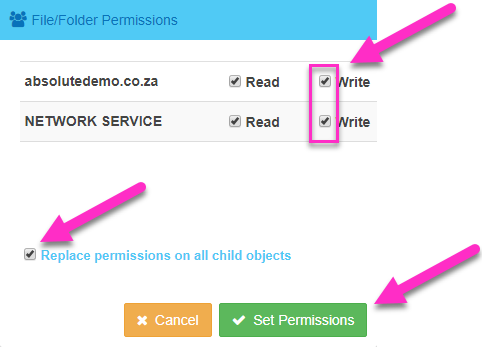 SolidCP Set Website Write Permissions