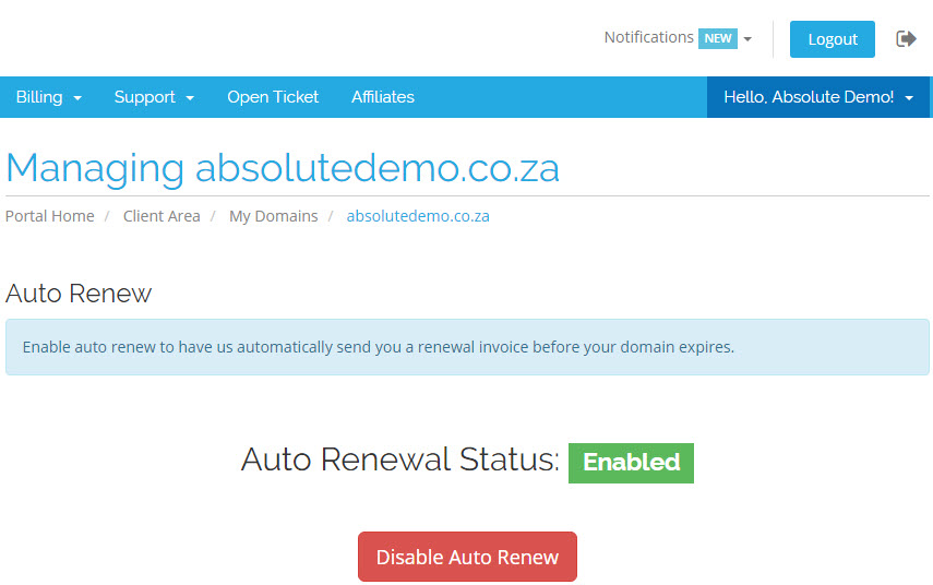 disable auto renew for a domain name