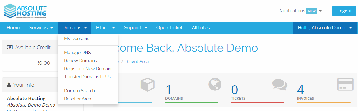 Absolute Hosting WHMCS Domains Reseller