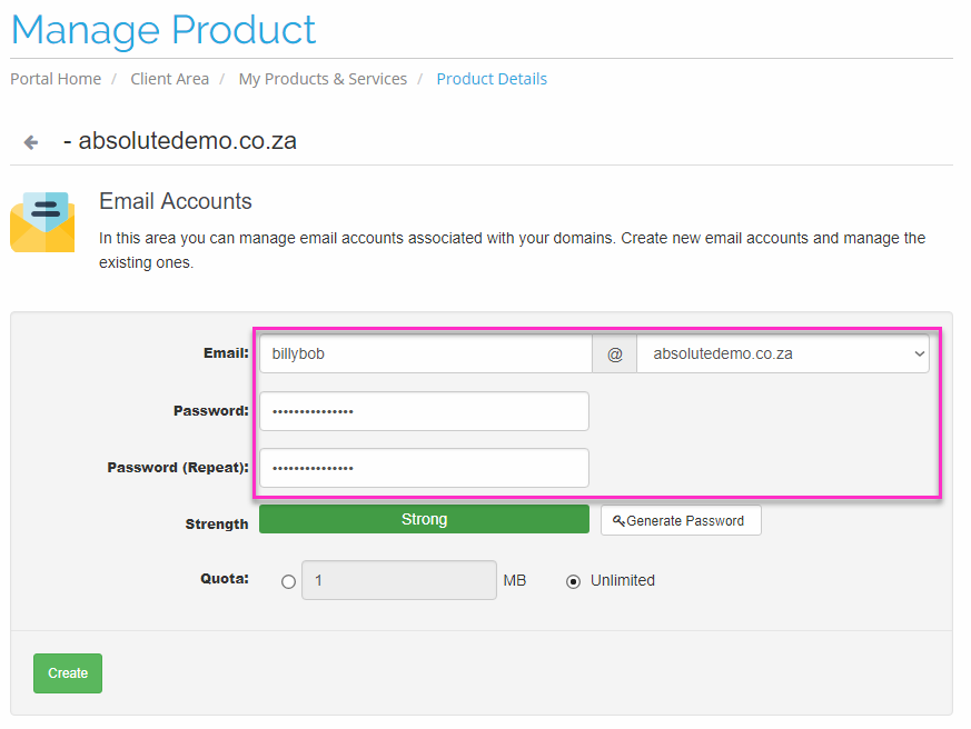 absolutehosting.co.za create email accounts