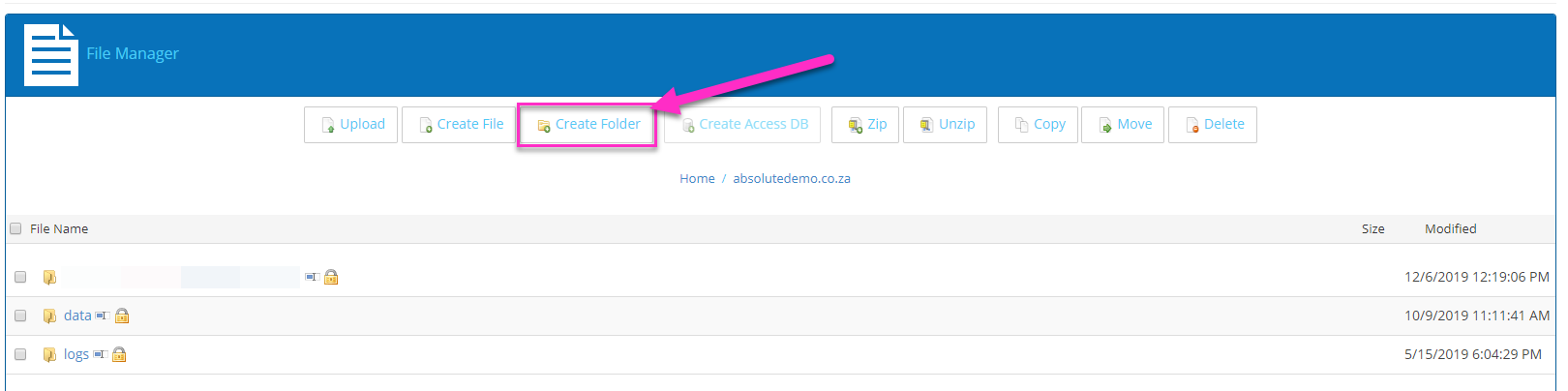 absolutehosting.co.za solid control panel create folder
