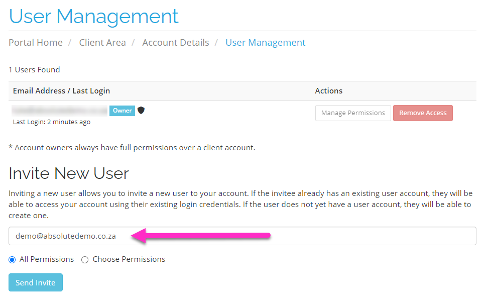absolutehosting.co.za - user management invite