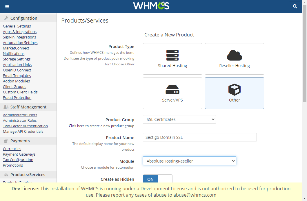 absolute hosting whmcs create ssl product 1