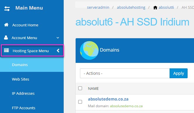absolutehosting.co.za solidcp hosting space menu
