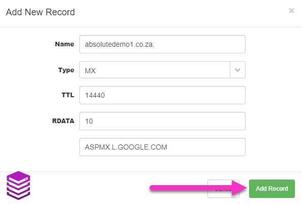 absolutehosting.co.za manage dns mx record