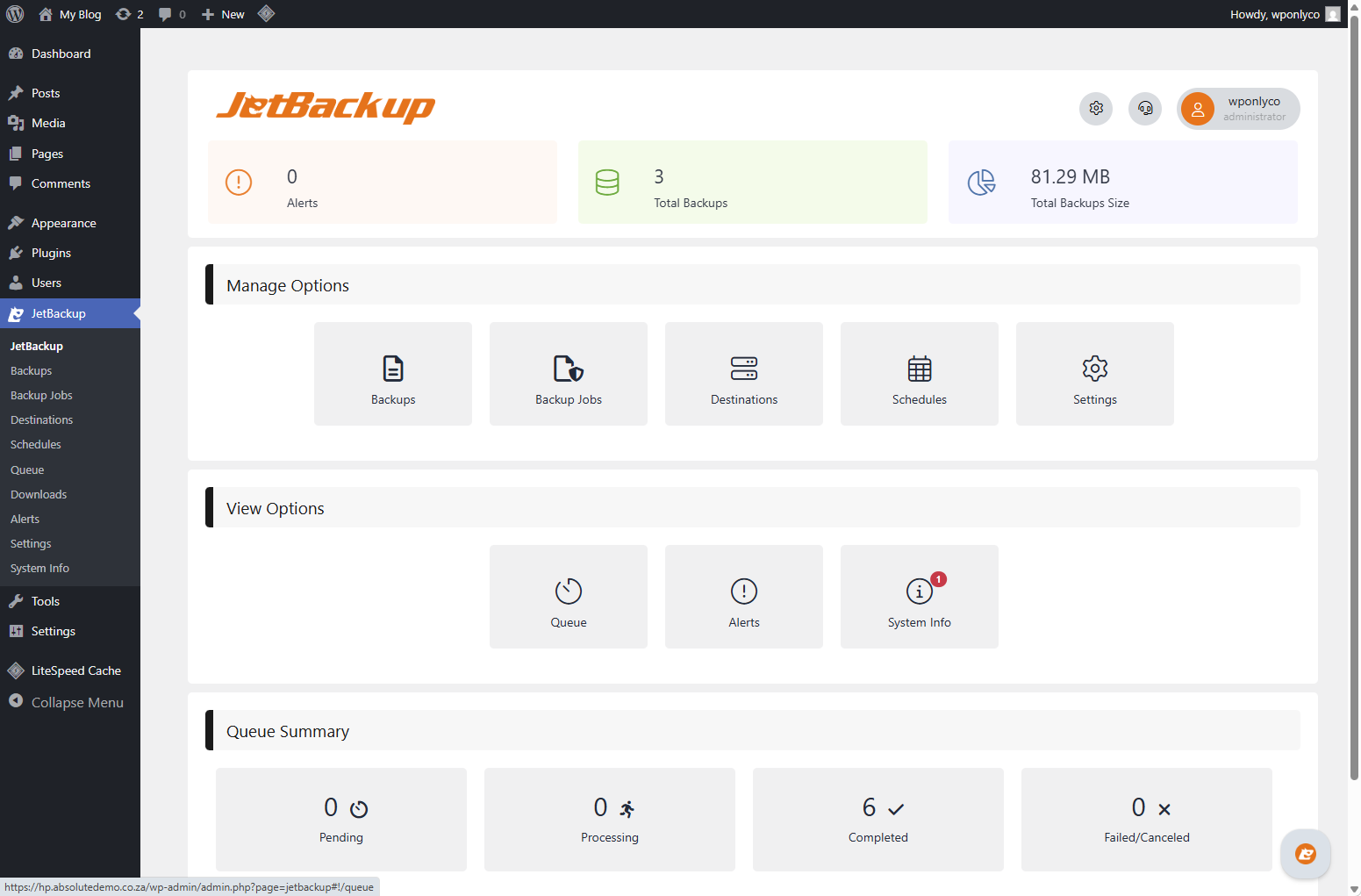 Jetbackup integrated WordPress Backups