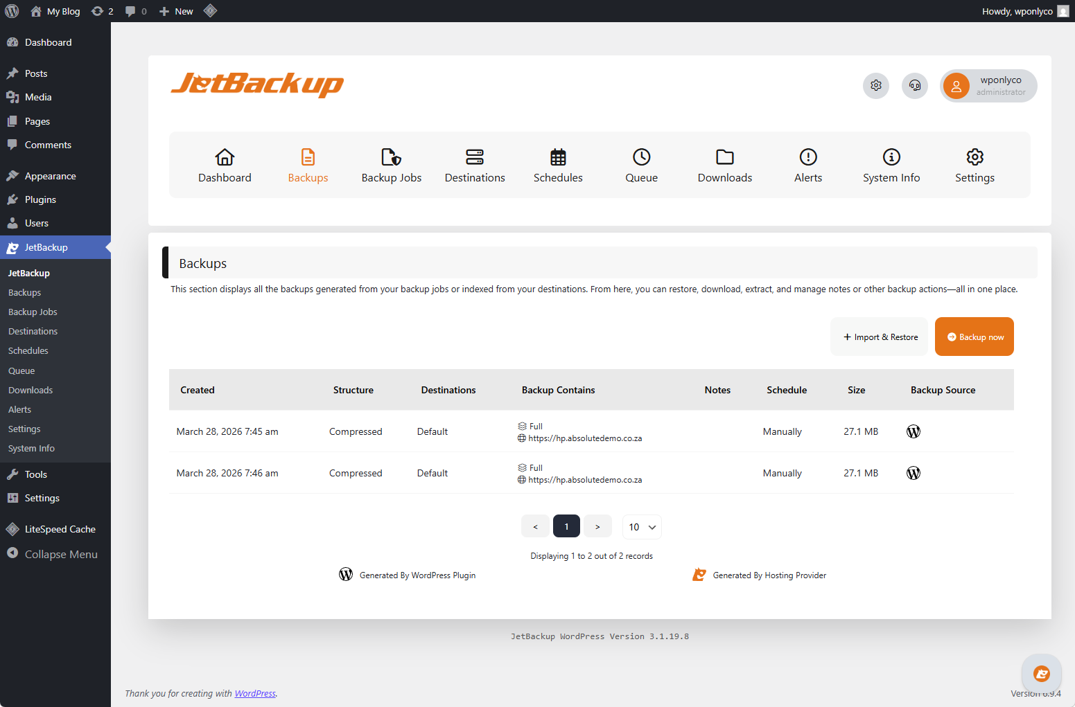 Jetbackup integrated WordPress Backups