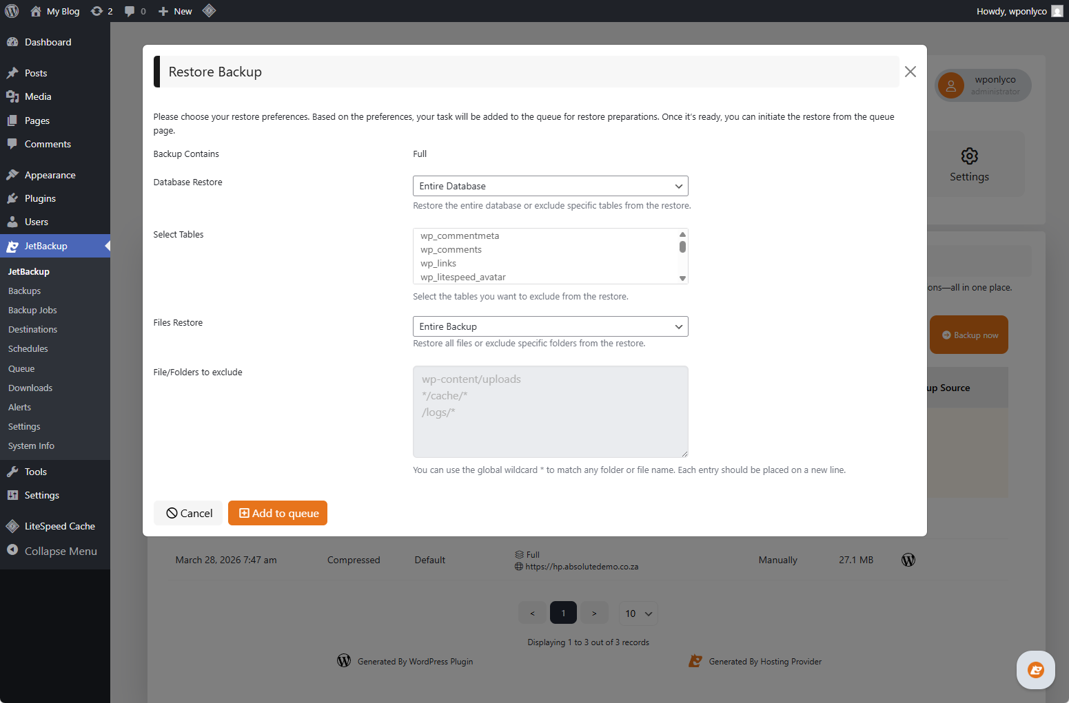 Jetbackup integrated WordPress Backups