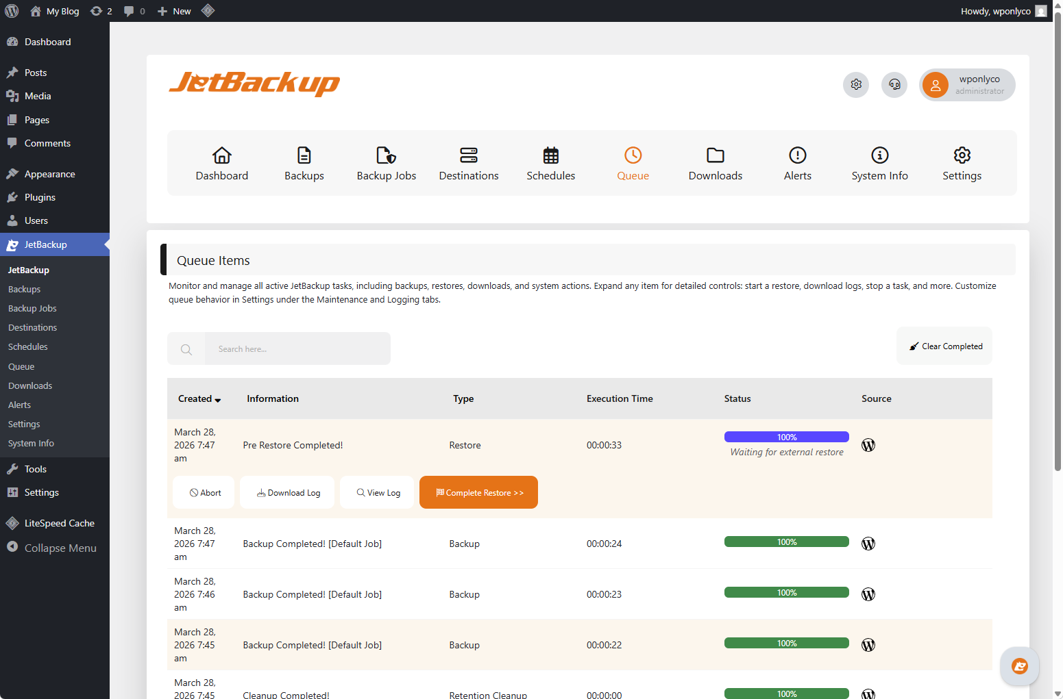 Jetbackup integrated WordPress Backups