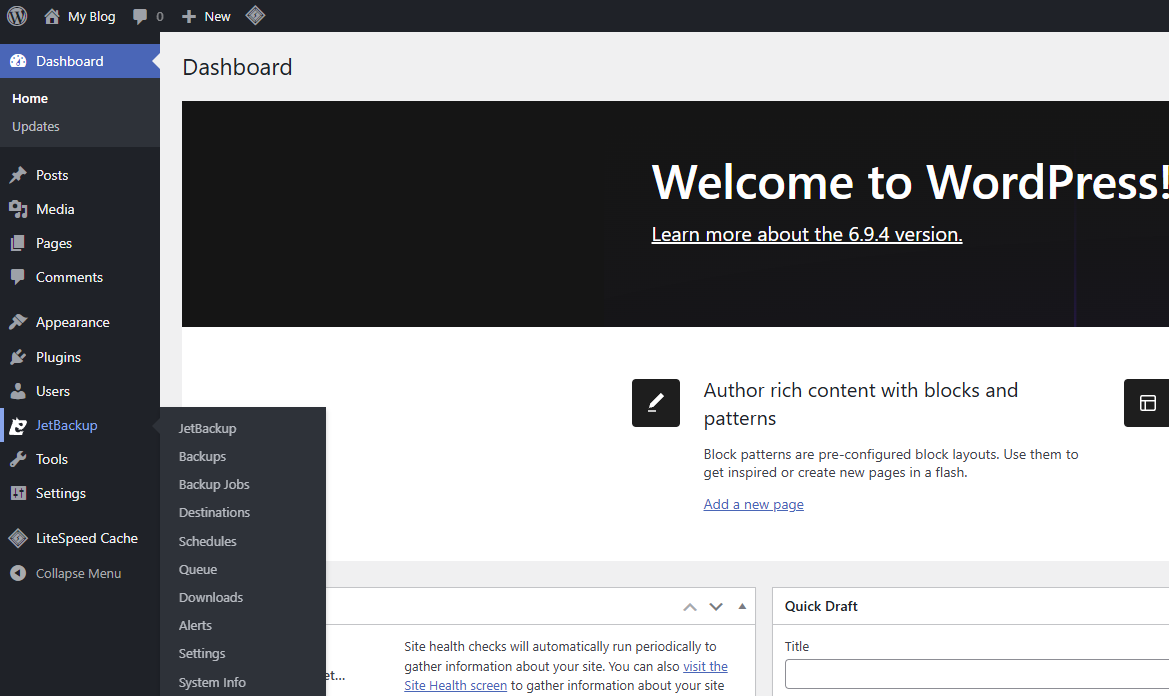 Jetbackup integrated WordPress Backups